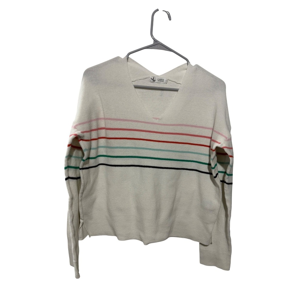 Carve Designs Womens Organic Cotton V-Neck Striped Sweater Cream Multi Large